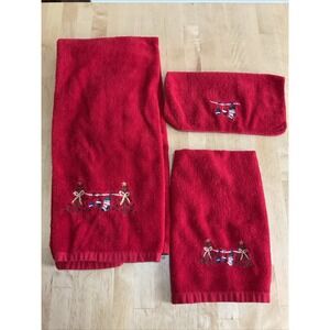Lot‎ 3 Pc Set Red Christmas Bath Towel Hand Washcloth Trees Stockings 90s